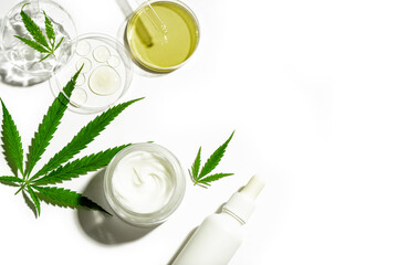 Hemp cannabis leaves and cbd oil products