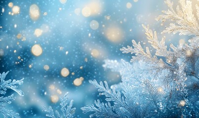 Frosty Blue Background with Snowflakes and Shimmering Lights