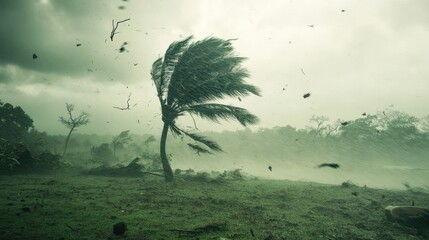 Heavy winds from a tropical storm causing trees to fall and debris to fly through the air