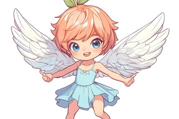 Fototapeta premium Cute Anime Angel with Peach on Head and Feathery Wings