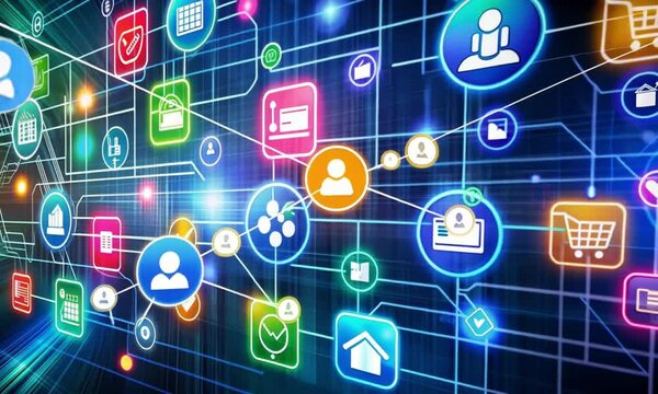 Colorful icons representing digital communication and technology on a network background
