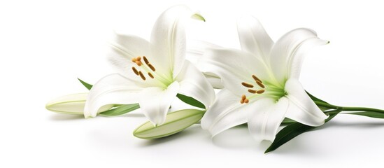 Fototapeta premium Elegant White Lilies with Green Stems on White Background