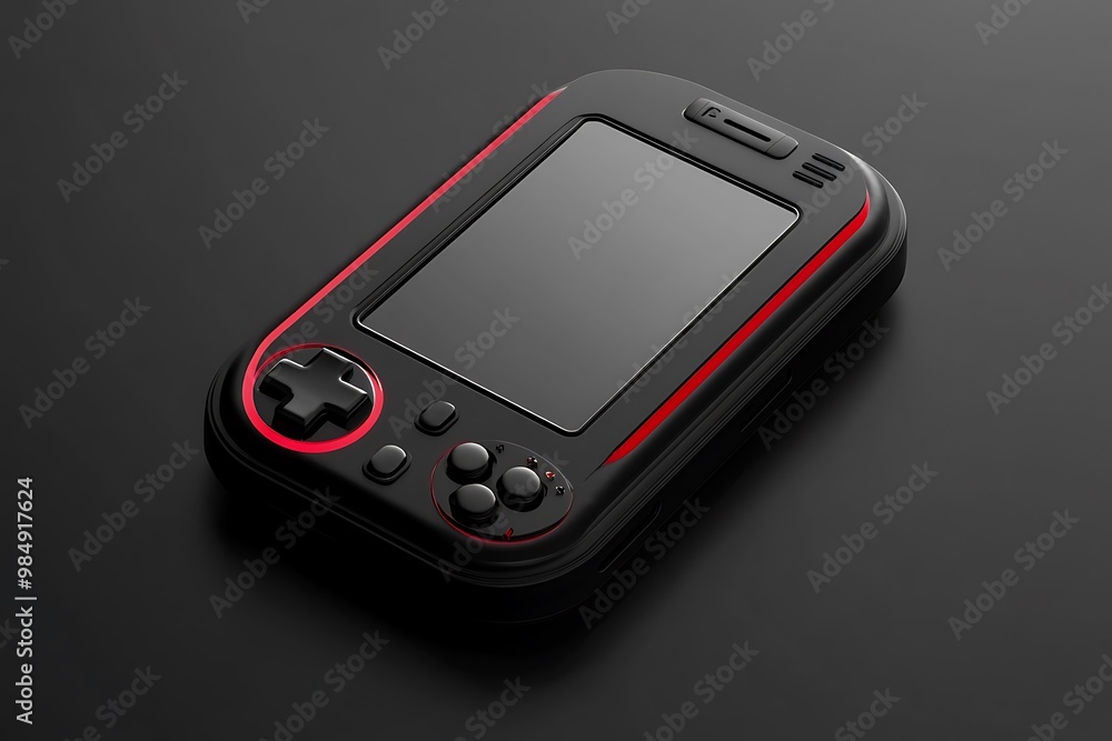 Poster black and red handheld gaming console with buttons and screen. concept for retro gaming, nostalgia, 