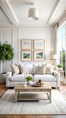 Hampton style living room interior with frame mockup, 3d render, white Mock up frame