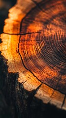 A textured wooden tree stump reveals intricate growth rings illuminated by soft sunlight, highlighting its natural beauty