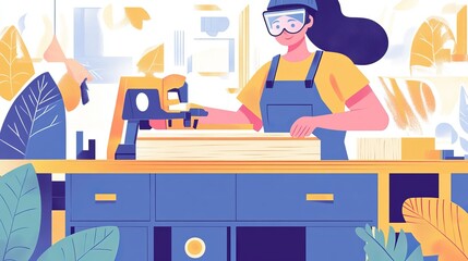 A woman furniture maker uses a jointer to process wood for creating furniture A carpenter in work uniform and goggles builds a cabinet Flat vector illustration