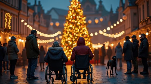 A serene Christmas Eve gathering in a small town square with a diverse group celebrating together