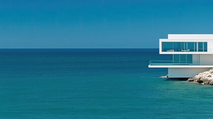 Fototapeta premium A contemporary house perched on the edge of a cliff features a sleek glass facade that offers breathtaking views of the calming sea, surrounded by nature on a sunny day