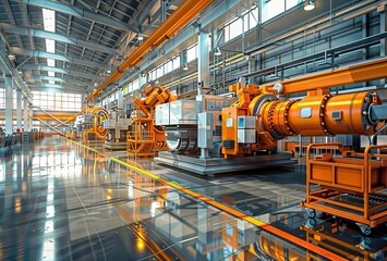 Modern Factory Interior. A spacious factory floor with advanced machinery and equipment.