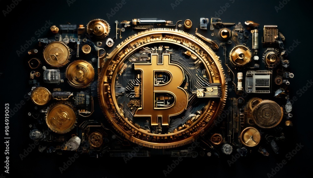 Poster a bitcoin coin against a backdrop of mechanical components, showcasing the intricate relationship be
