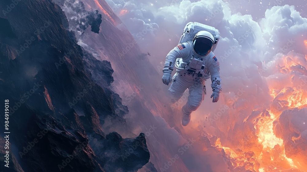 Poster astronaut floating over a volcanic planet with clouds
