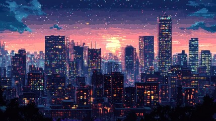 Obraz premium Pixelated City Skyline at Sunset with Illuminated Windows