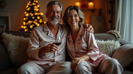 Obraz premium A cozy couple enjoys wine on a couch in silk pajamas, surrounded by festive holiday decorations and a glowing Christmas tree