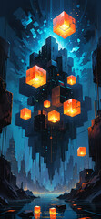 Floating city of glowing cubes, phone wallpaper, phone background