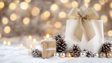 A beautifully wrapped gift bag sits on the snow, surrounded by pine cones and berries while lit candles create a warm atmosphere for a festive holiday celebration.