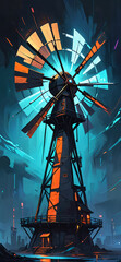 Cyberpunk windmill, phone wallpaper, phone background