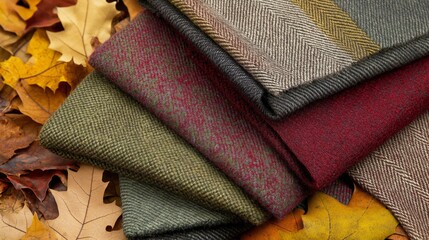 A collection of fall color swatches featuring earth tones and coordinating clothing items among autumn leaves
