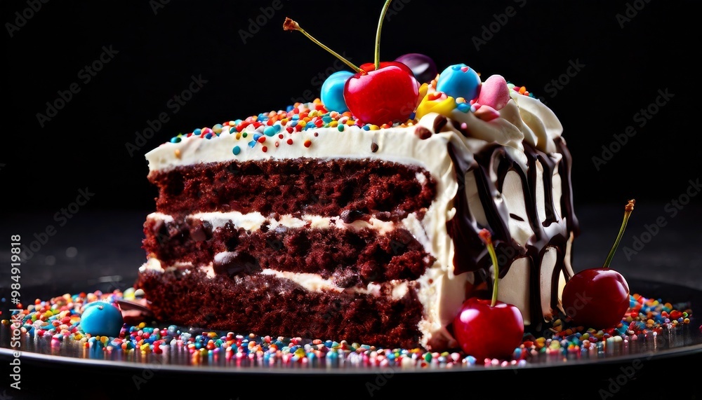 Poster close-up of a slice of decadent chocolate cake topped with colorful sprinkles and cherries. the rich