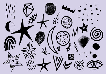 Black and white doodle galaxy hand drawn elements