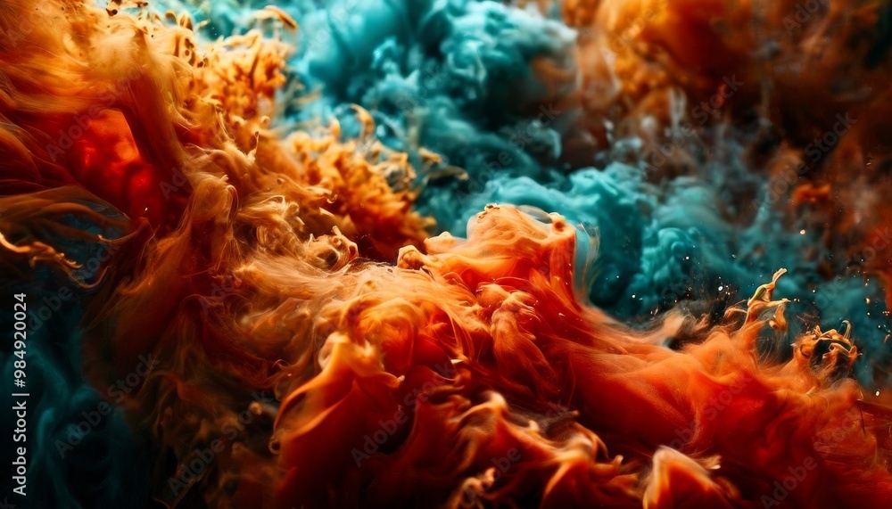 Poster a dynamic and energetic abstract featuring swirling clouds of vibrant orange and teal colors. the fl