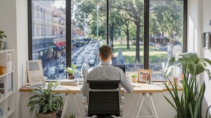 Naklejka premium Remote worker in a cozy Melbourne office with street and park view