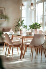 Fototapeta premium Minimalist dining room with glass table, wooden chairs, and potted plants