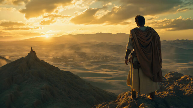 Joshua stands on a mountain, gazing toward the Promised Land that God promised to His chosen people.