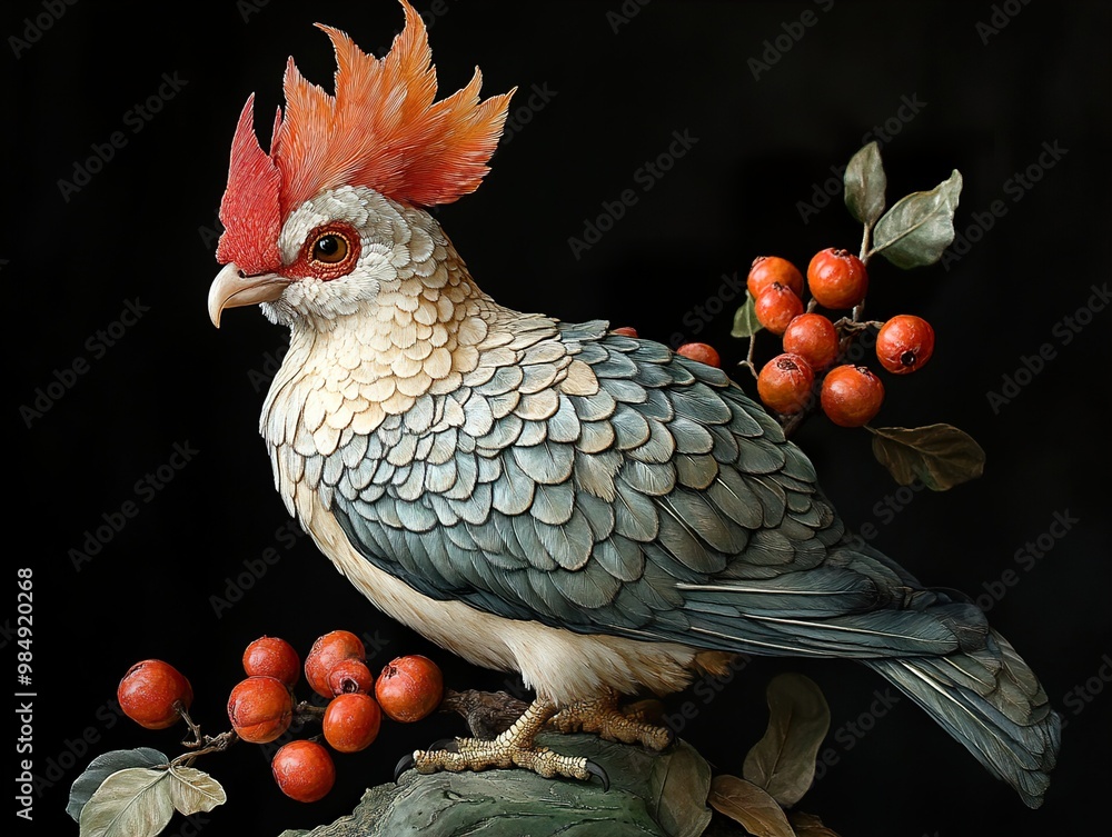 Canvas Prints Stunningly Realistic Bird Painting with Vibrant Feathers and Berries