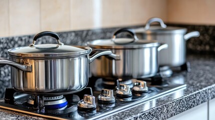 Close up of stylish kitchenware highlights dark grey stone-finished pots and pans placed on an electric stove, complemented by stainless steel utensils in a neutral setting