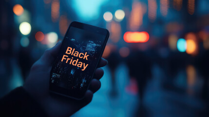 Black Friday inscription on smartphone screen held in hand on dark blurred background, sale, discounts, online shopping, holiday, lights, internet, store, shop, purchase, buy, buyer, copy space
