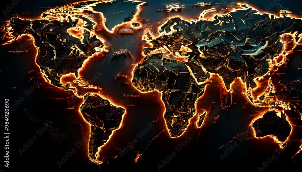 Poster an electrifying image of a world map with glowing, fiery lines representing global connections and n