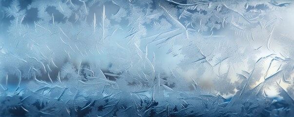 Winter frosty pattern on window glass. Beautiful Christmas background.	
