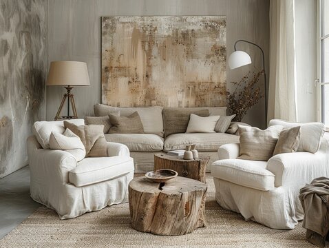 A bright and minimalist living room with neutral tones, featuring two linen-covered armchairs, rustic tree stump coffee tables, a large abstract painting, a tripod floor lamp, and natural wood accents