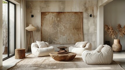 Bright and Airy Living Room: Linen armchairs, tree stump tables, abstract art.
