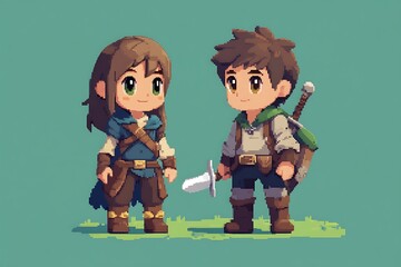 Cute chibi style illustration of a boy and girl adventurers standing on a grassy field. Perfect for fantasy games, books, or animation.