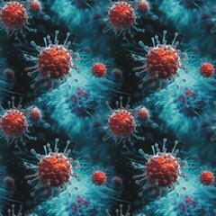Obraz premium Virus close-up view of corona virus molecule seamless pattern. Health care concept. Coronavirus Covid-19. Precautionary measures. Virus macro photography digital illustration. AI artwork.