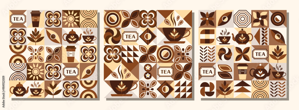Poster patterns with icons for black tea, design elements in simple geometric style. seamless background wi