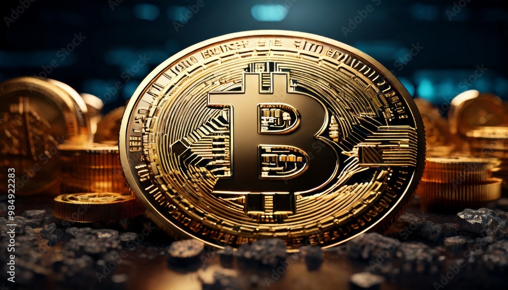 Poster a bitcoin coin glistening in the light, prominently displayed with a dark and blurred backdrop. the 