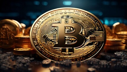 A Bitcoin coin glistening in the light, prominently displayed with a dark and blurred backdrop. The golden hue and detailed engravings on the coin represent the significance of Bitcoin in the evolving
