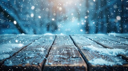 A Beautiful Snowy Winter Landscape Featuring a Rustic Wooden Table Set Against Nature