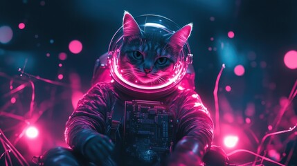 A cat in an astronaut suit, looking out into space.