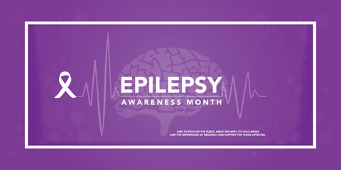 National epilepsy awareness month campaign observed in November banner. Features violet ribbon and brain illustration on plain background.

