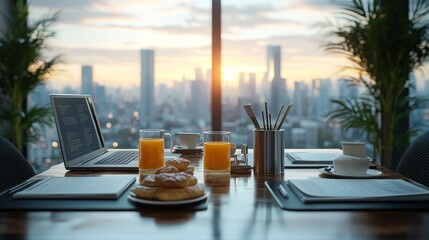Business breakfast meeting with laptops, pastries, and orange juice, overlooking the city from a large window.