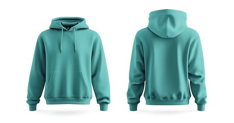 Teal Hoodie Mockup, Front and Back View. Isolated on White Background. Generative Ai