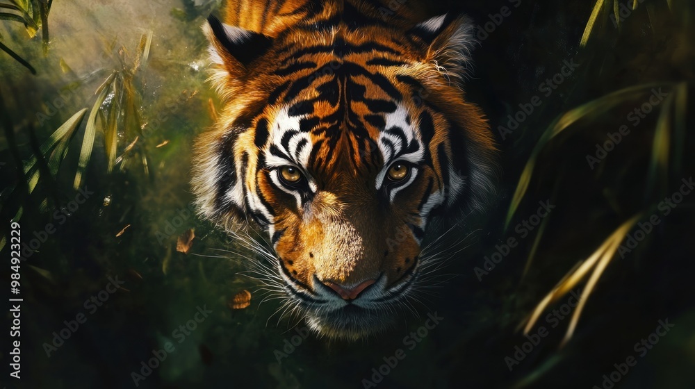 Canvas Prints Close-Up of a Tiger's Face in a Lush Green Forest