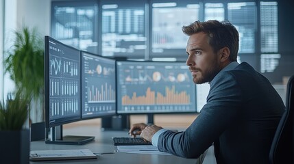 Consultant conducting a business audit in a modern office, with financial reports and digital charts on screens, creating a data-driven, analytical environment.