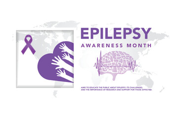 National epilepsy awareness month campaign observed in November banner. Features violet ribbon and brain illustration on plain background.
