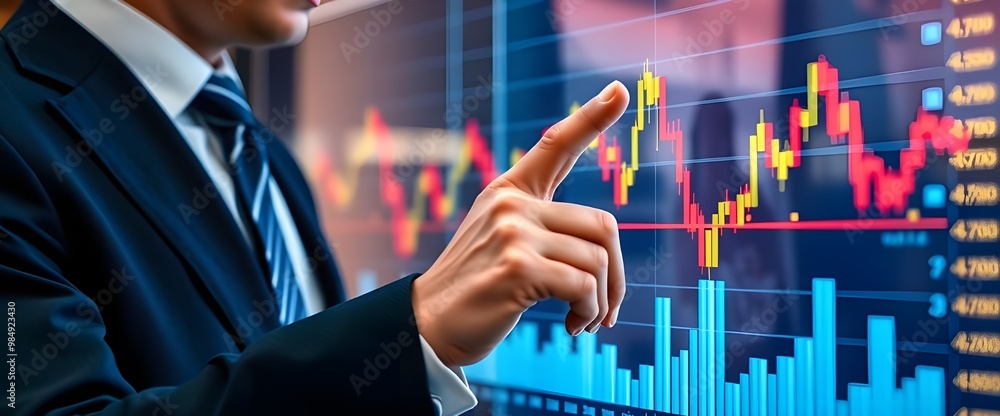 Poster businessman interacting with a transparent screen displaying abstract financial chart.