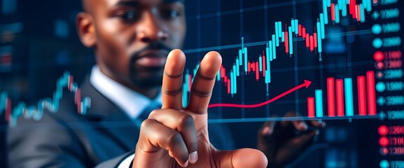 Businessman interacting with a transparent screen displaying abstract financial chart.