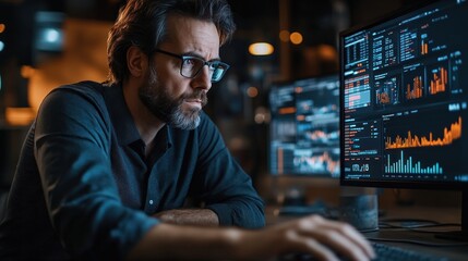 Business development analyst working on financial projections and reports in a modern office with high-tech computer setup, creating a focused and tech-driven environment.